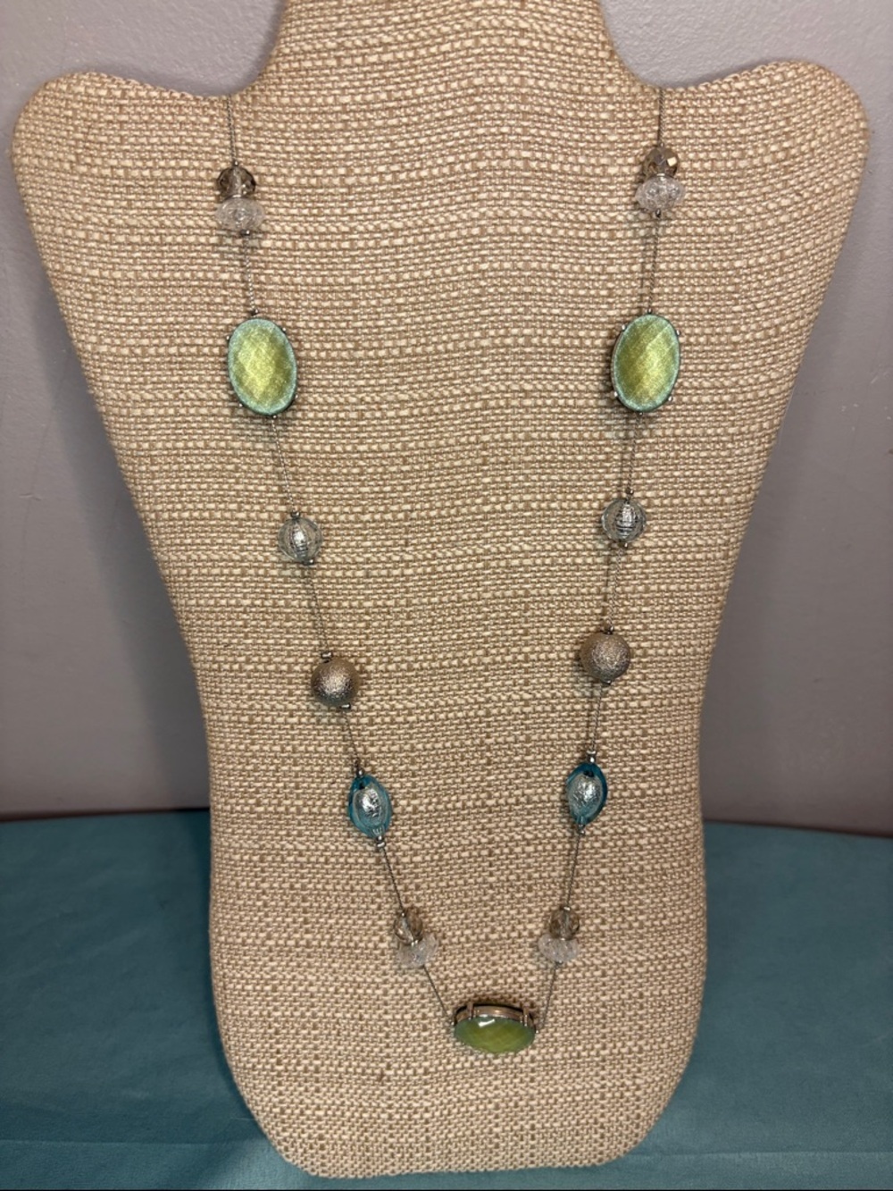 New York & Company Silver Chain Necklace with Lime and Teal